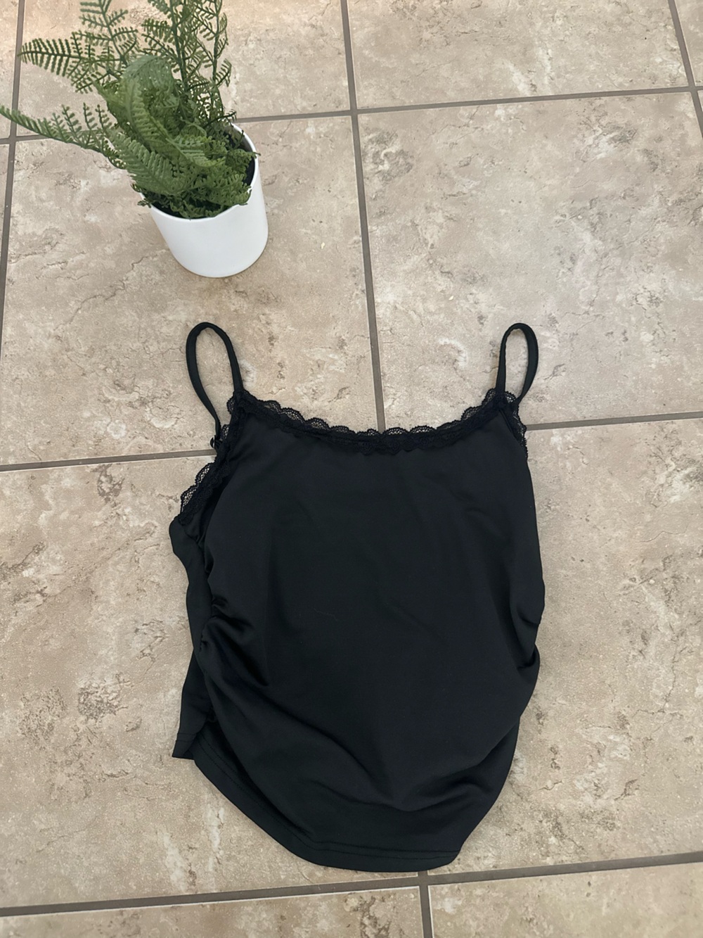 BLACK RUCHED LACE TRIM TANK